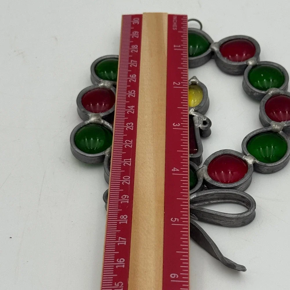 Vintage Stained Glass Christmas Wreath Suncatcher Candle Red Green Holiday Decor